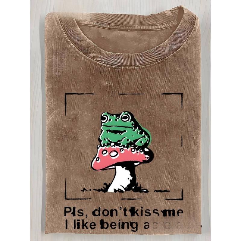 European Size Men'S Washed Short Sleeve T-Shirt | Frog & Mushroom Funny Text Print, Vintage Distressed Trendy Top, High-Quality Fashion Soft Comfort