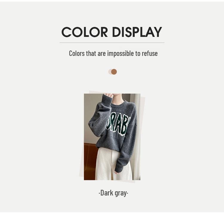 **Women's Korean Style Crew Neck Letter Jacquard Wool Sweater - 2025 Autumn/Winter Collection**