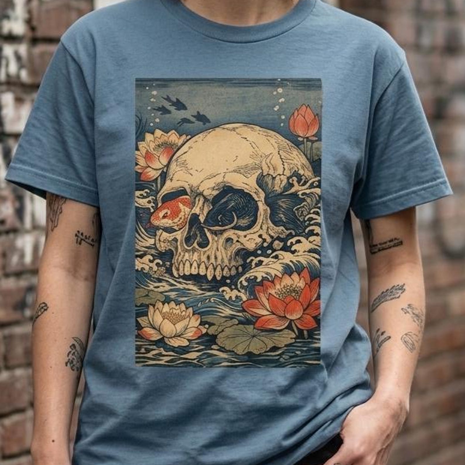 Gothic Skull Ocean Waves Koi Fish Graphic Tee, Comfort Colors M