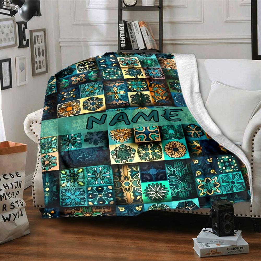 The Image Features A Vibrant And Intricate Pattern Composed Of Various Geometric And Floral Designs Multipurpose Customizable Blanket Customize Text