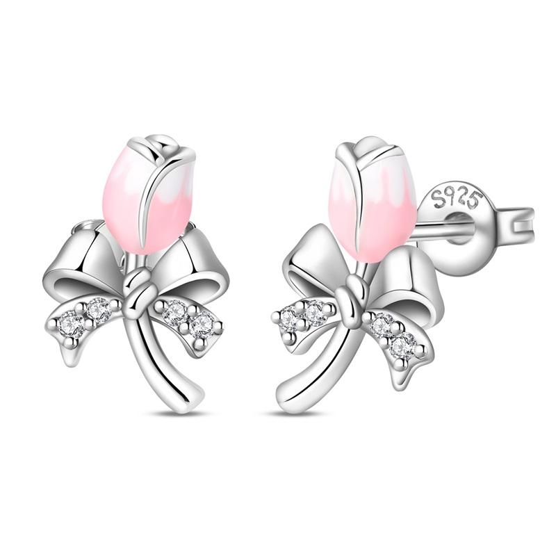 New 925 Silver Sparkling Pink Heart-Shaped Flower Women Earring Brilliant Wedding Engagement Star Earrings Jewelry Gift