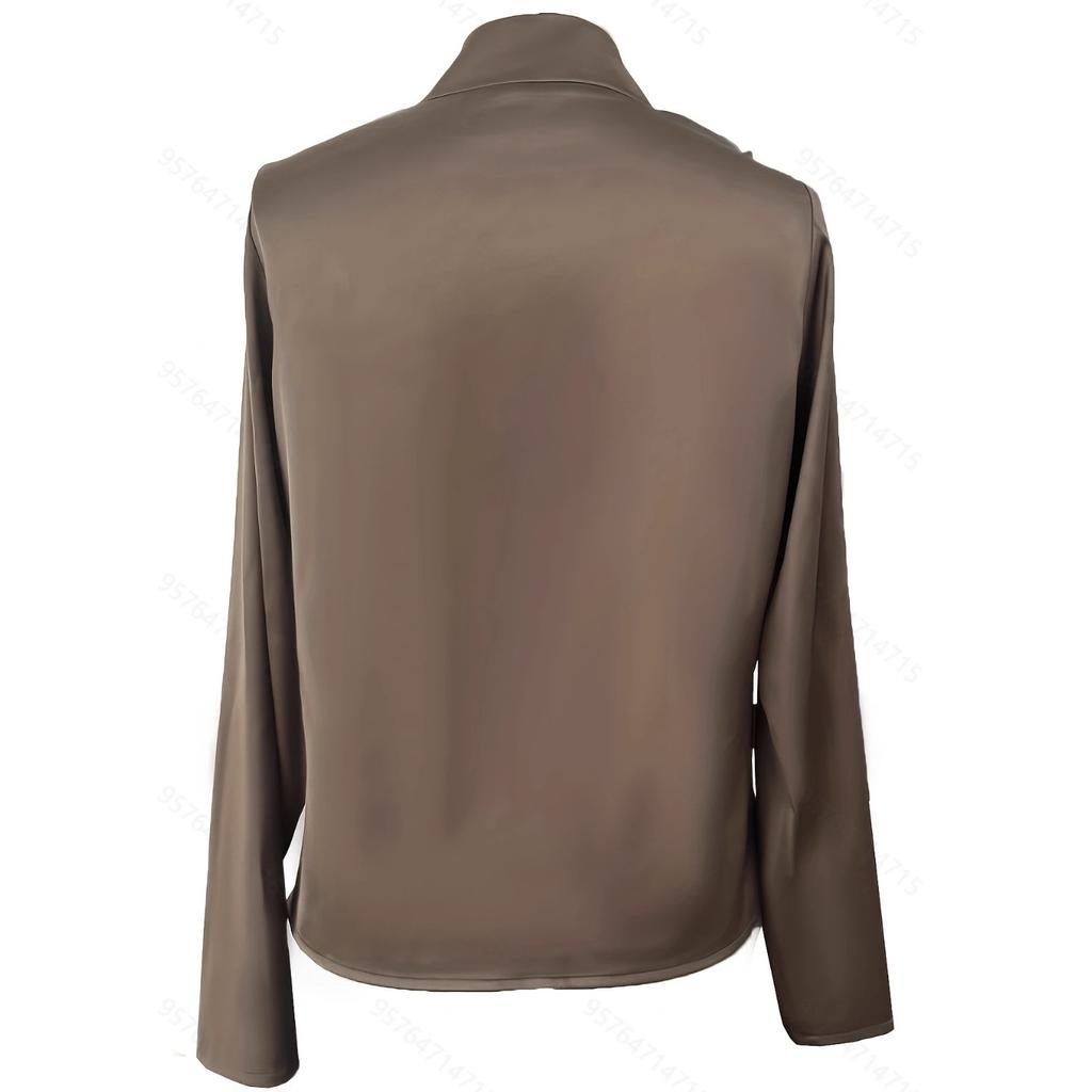 Dark Grey Satin V Neck Long Sleeve Shirt Women's Casual Blouse