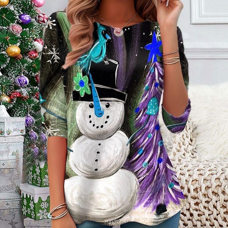 

Весенние и осенние футболки с круглым вырезом и забавным графическим принтом снеговика, напечатанным в 3D, модные повседневные женские футболки с длинным рукавом 5XL