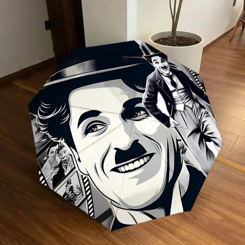 1 Stück Charlie Chaplin Filmstreifen Automatischer Faltregenschirm, Tragbares faltbares Design, Lässiges Outdoor-Accessoire L1127056