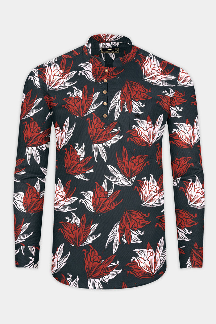 Премиальная хлопковая рубашка-курта цвета Иридиевый серый с цветочными принтами 44