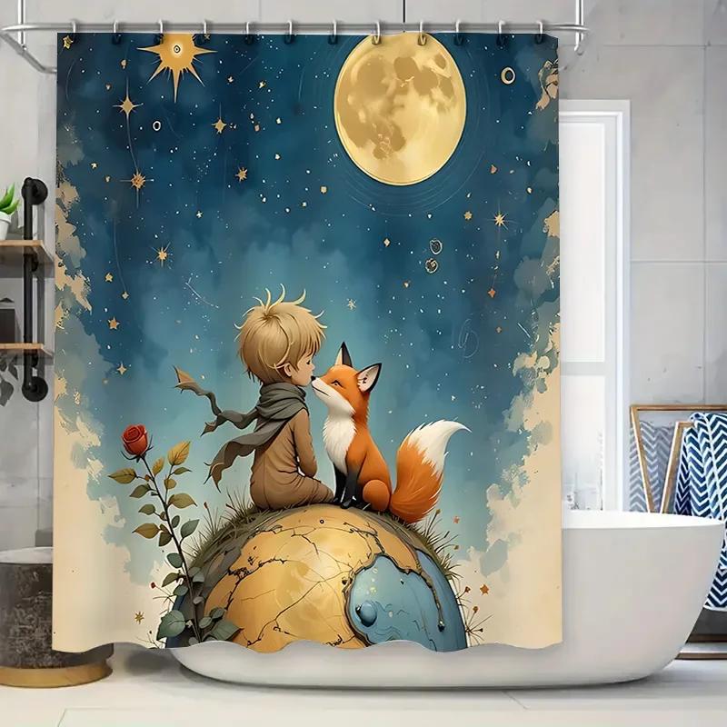Urocza zasłona prysznicowa Mały Książę i Lis - Kosmiczny motyw fantasy dla dzieci i dorosłych - Trwała wodoodporna tkanina