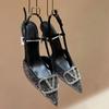 V buckle high heel rear empty stiletto sandals women's new summer pointed single shoes with rhinestone leather