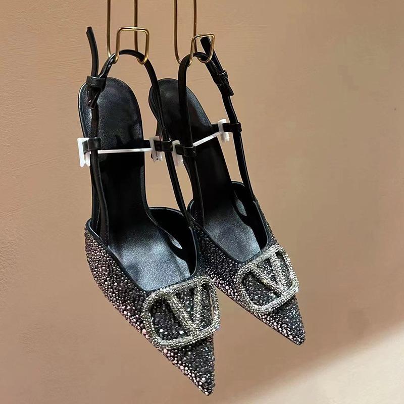 V buckle high heel rear empty stiletto sandals women's new summer pointed single shoes with rhinestone leather