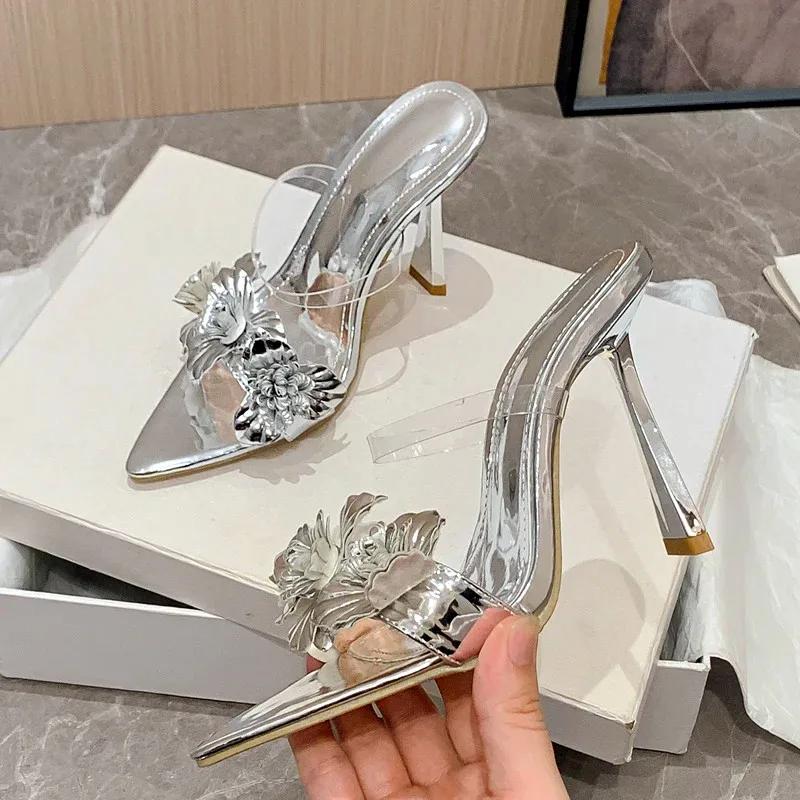 Fashion Luxury Design Gold Flower Thin Heels Slippers Women Sexy Pointed Toe PVC Clear Narrow Strap Heeled Sandals Summer Slides Heels