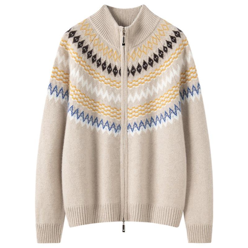 Damen Kaschmir Fair Isle Strickjacke, Verdickter Jacquard Farbblock, Stil 2026