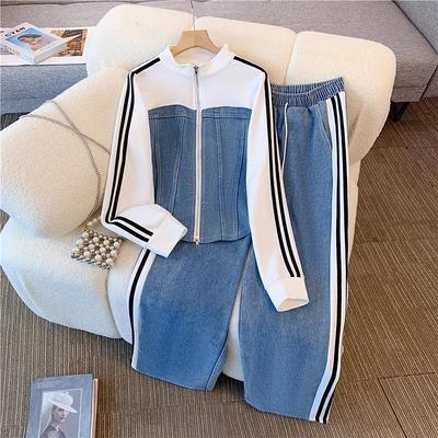 Zestaw Spodni Damski Zestawy Dwuczęściowe Denim Łączony Zamek Błyskawiczny Pasujące Zestawy Casualowe Płaszcze Szerokie Nogawki Długie Spodnie Sznurowane Elastyczny Pas