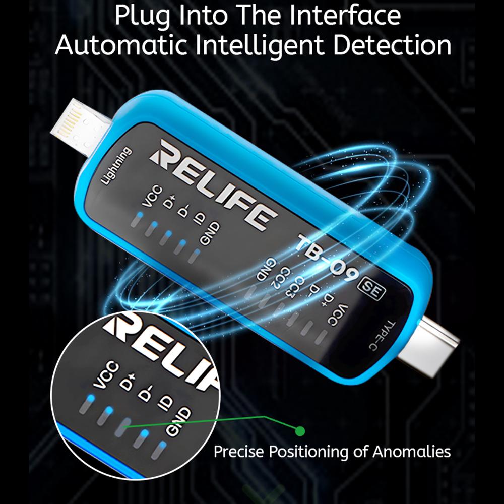 RELIFE TB-09 SE For iPhone/Android Charging Port Tester 8-Pin Type-C Dual Plug Fault Detection