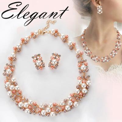 2Pcs Women Fashion Faux Pearl Rhinestone Inlaid Necklace Earrings Jewelry Set