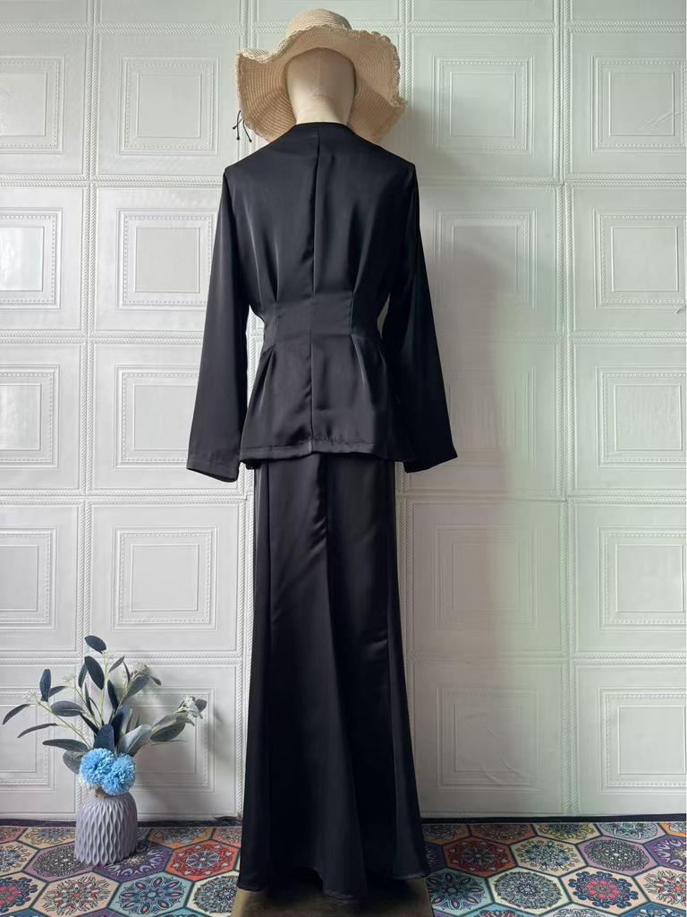 2025 Spring Elegant Retro Women's Solid Color Long Sleeve Top and Skirt Set