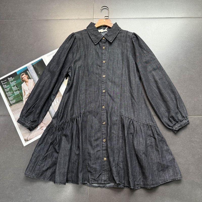 

Foreign Trade Order Entr0 Pure Original Autumn New Simple Loose Version Denim Long sleeve dress Denim Black L