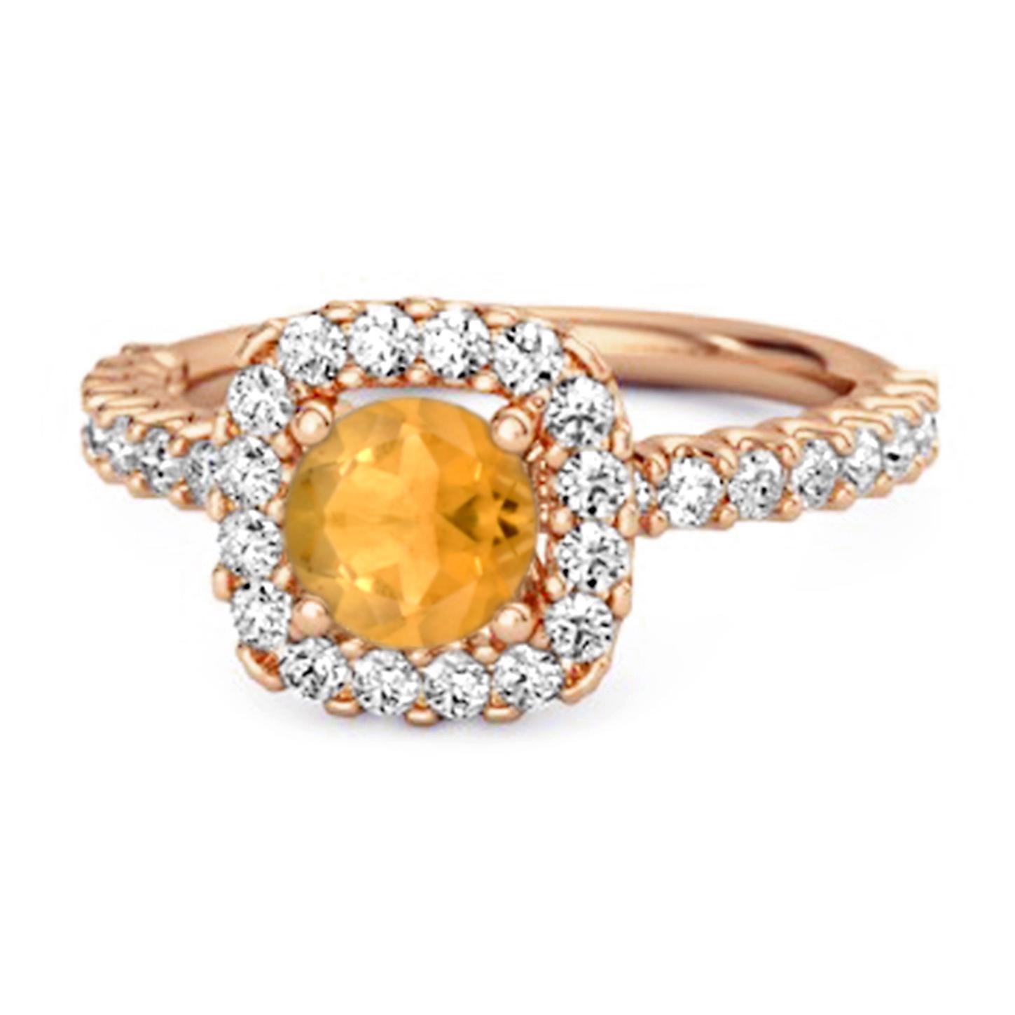 Citrine Round Cushion Halo Ring - 925 Sterling Silver Rose Gold Vermeil 9 ярко-розовый