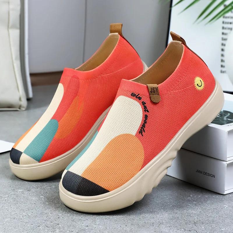 Fashion Spring and Summer Women's Breathable Knitted Sports Shoes, Casual Sponge Shoes, Lightweight Mesh Low Top Shoes  Platform Boots