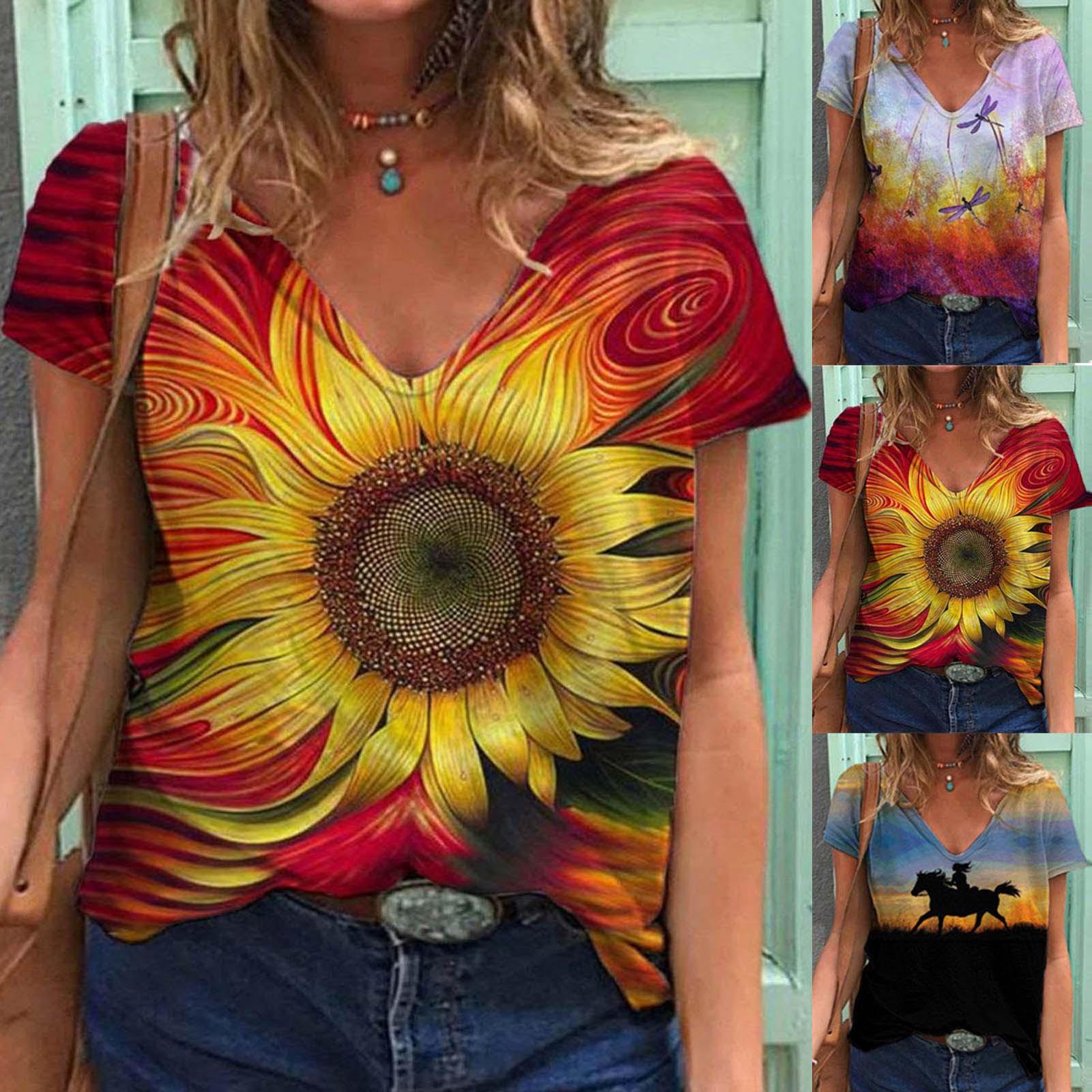 

Модная повседневная блузка с коротким рукавом и v-образным вырезом с принтом, футболка больших размеров, женские топы