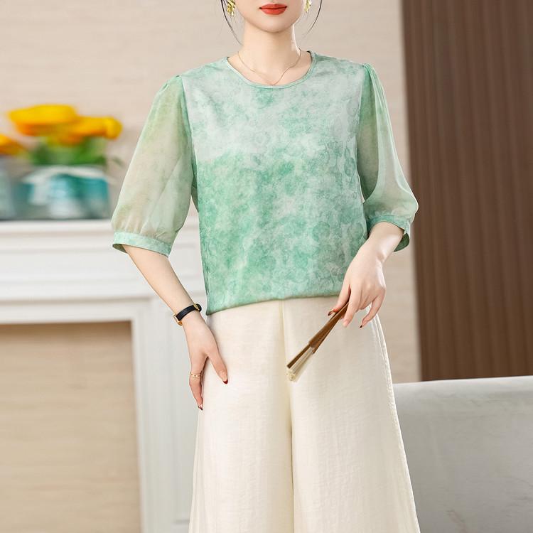 2026 Summer Chiffon Lace Shirt with Print - Round Neck, Short Sleeve Top 3XL
