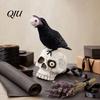 Desktop Halloween Decor Raven on Skull Home Decor, Gothic Crow Eyeball Detail Statue, Bird Perching Skeleton Figurine, Macabre Ossuary