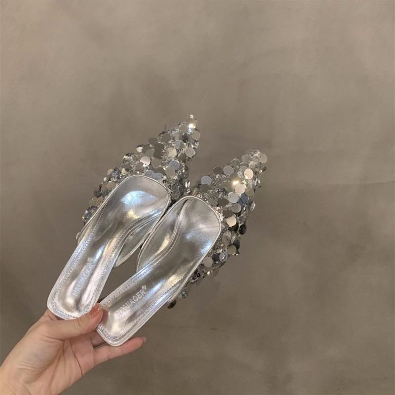 French sequined beautiful bag head sandals 2025 spring new one-word belt niche bag head lightweight pointed high heels