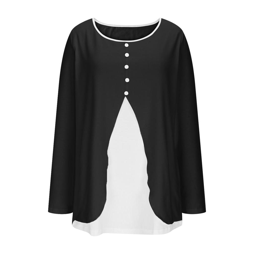 Women's Casual Fashion U-neck Contrast Color Long Sleeve Button T-shirt