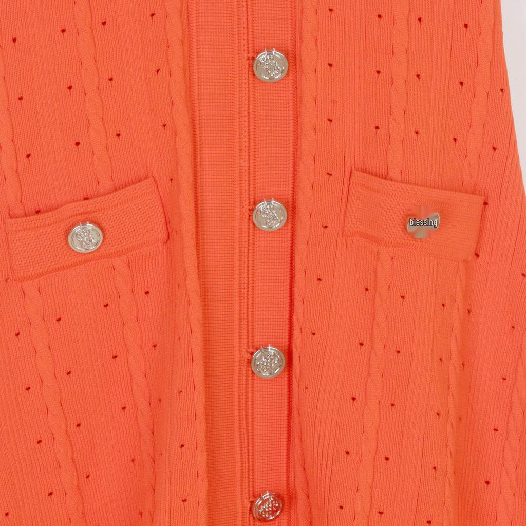 Elegant French Knit Short-Sleeve Hollow-Out Long Dress - Waist-Slimming and Single-Breasted Design