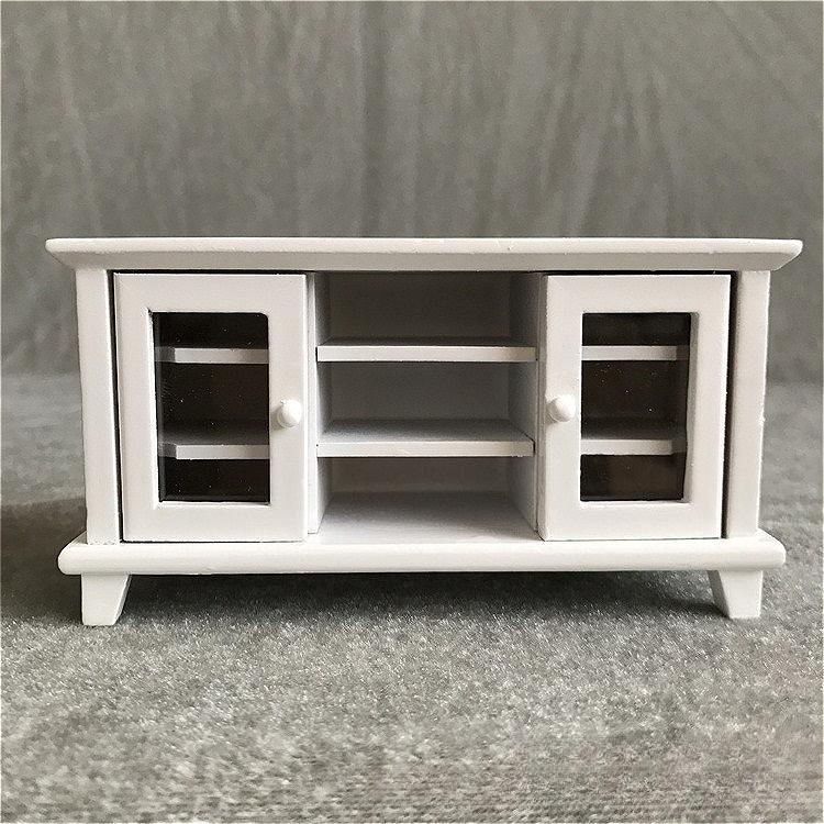 1:12 Dollhouse Double Door TV Cabinet, Miniature Wooden White Storage Unit for DIY Dollhouse, Micro Furniture Decor
