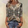 Trendy Vintage 3/4 Sleeve Top For Women,Ladies Casual Three Quarter Sleeve Round Collar Printed T-Shirt Blouse