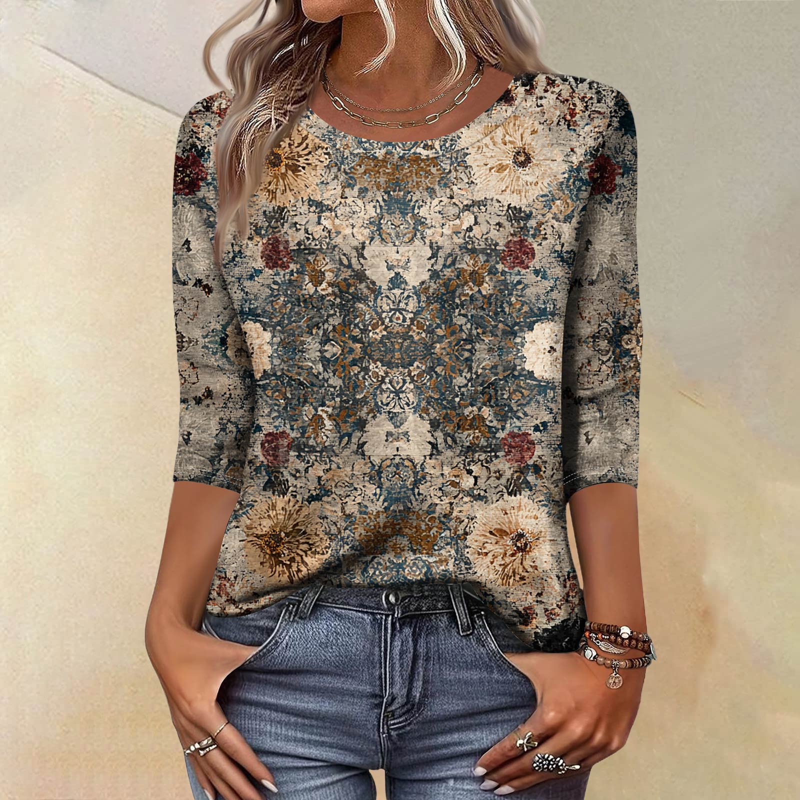 

Модный винтажный топ с рукавом три четверти для женщин, женская повседневная блузка-футболка с круглым вырезом и принтом M бежевый