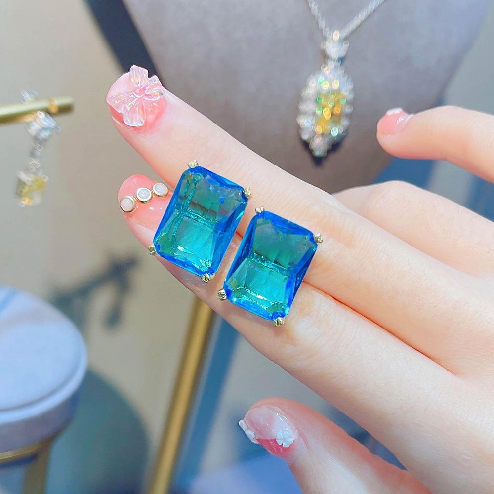 Blue Topaz Princess Cut Stud Earrings Exaggerated Bridal Earrings for Women
