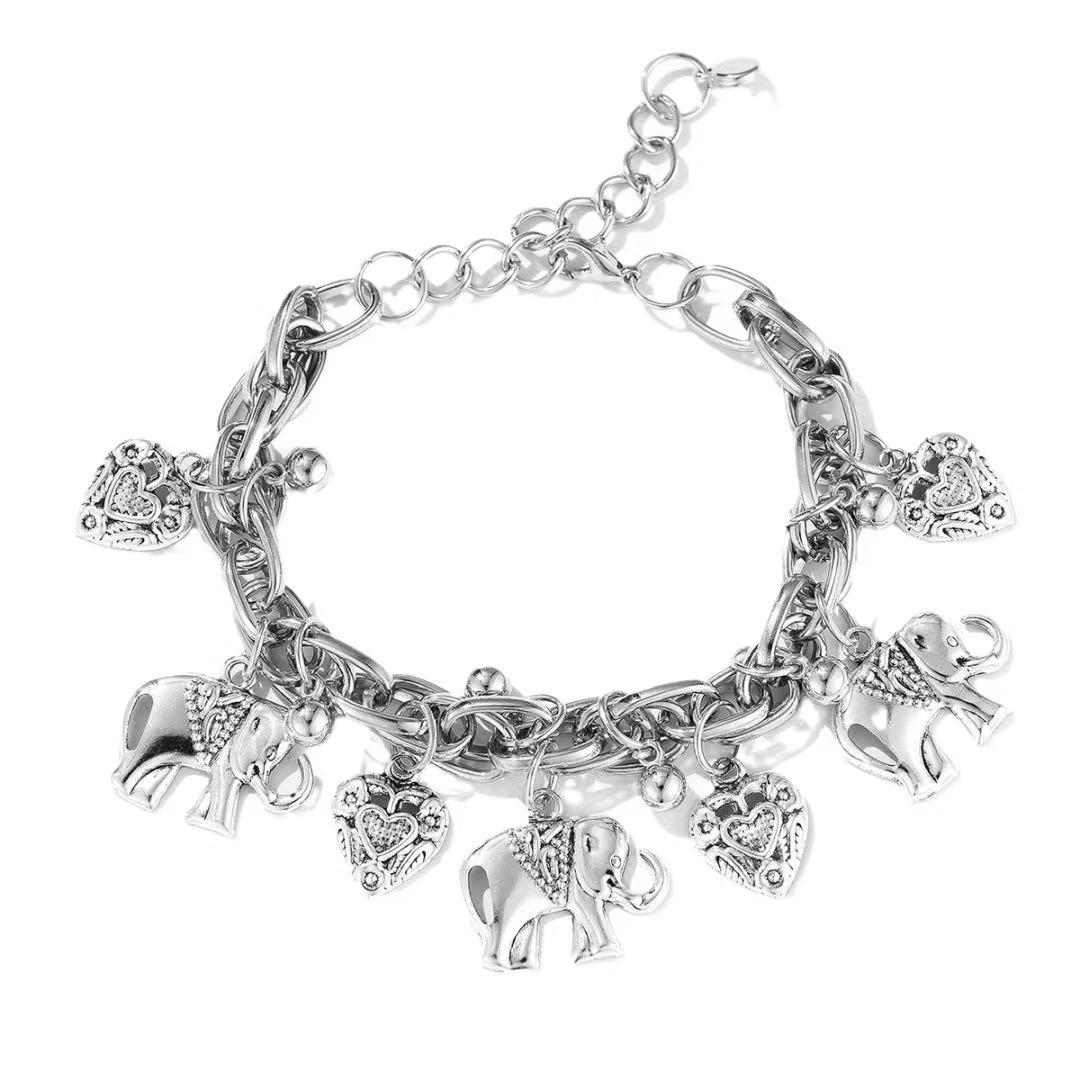

Fashion retro beach carved elephant anklet, peach heart bracelet, alloy foot jewelry, new wholesale