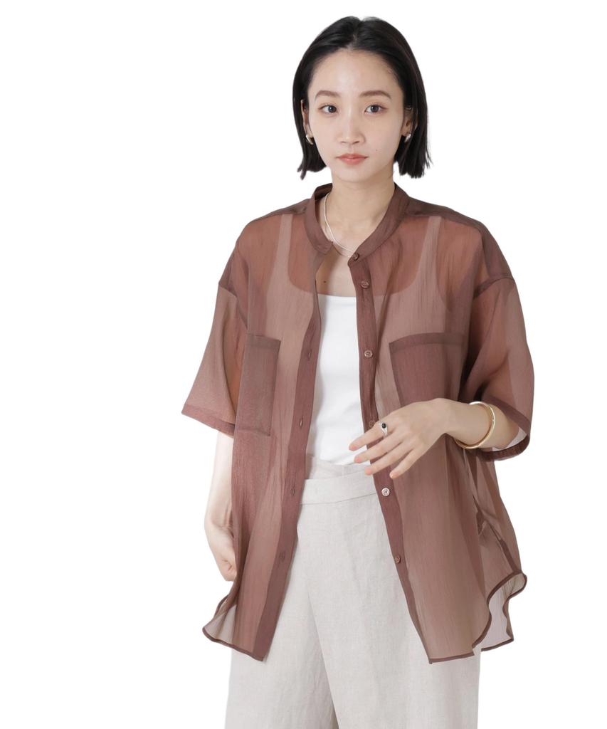 Nano Universe Band Collar Sheer Short Sleeve Size F Women's Shirt, 050, Brown, 673-5121321
