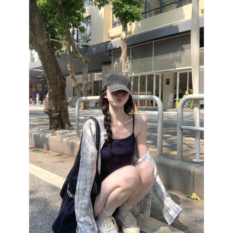 Kumikumi Fashion Suit Long Sleeves Shirt Women's Autumn Inner Suspender Vest Slimming Versatile Shorts Three-Piece Set