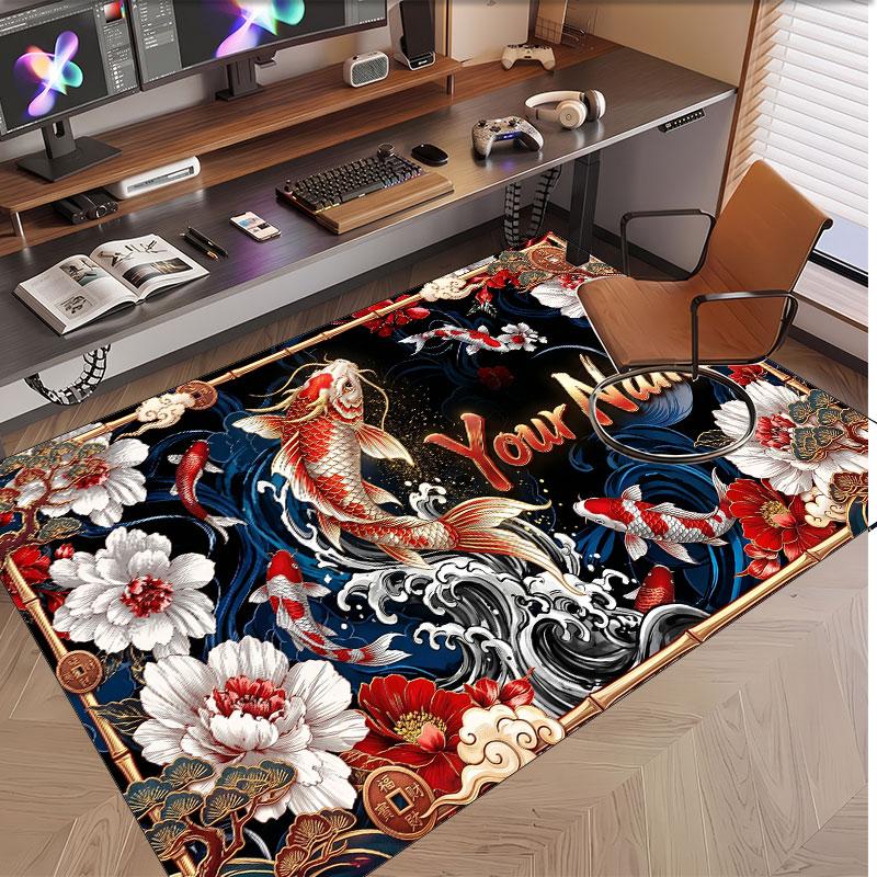 Koi Fish Theme Soft Crystal Velvet Rug Custom Name & Text Print Non Slip Floor Rug for Bedroom Living Room