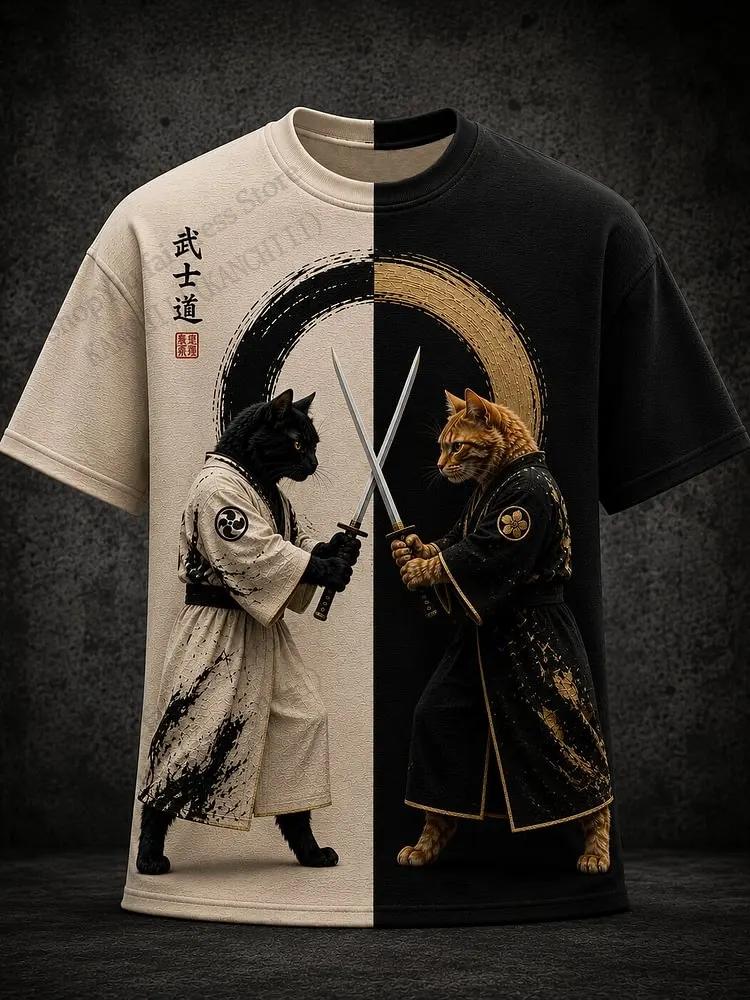 Trend Japanese Samurai Cat 3D Print T-shirt Men Women Fashion Street Oversized Short Sleeve Tops Tees Men Clothing Hombre Ropa