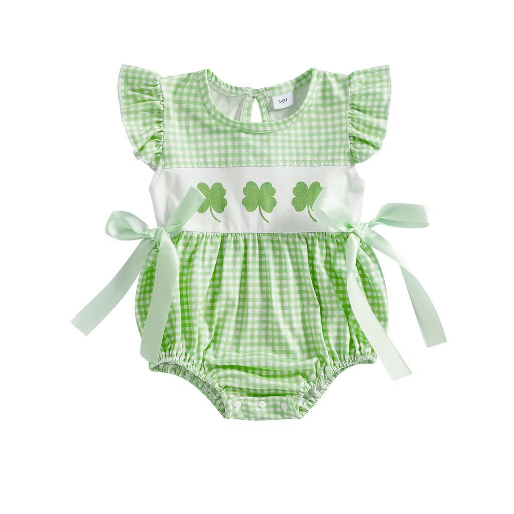 Baby Mädchen Karomuster Strampler Klee-Druck Schleife Fliegenärmel Body Niedlicher Frühlings-Jumpsuit Irische Kleidung