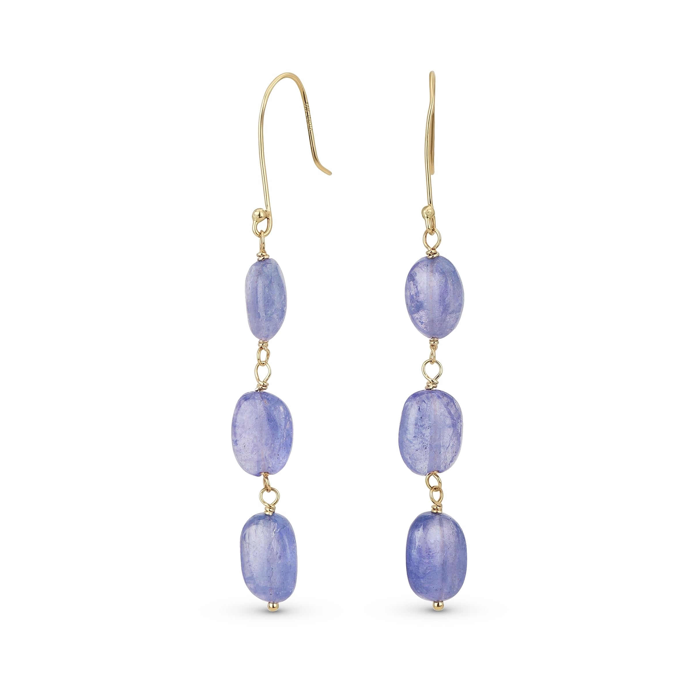 

Подлинное желтое золото 14 карат, длинные линейные серьги-подвески в стиле бохо с тремя овальными натуральными драгоценными камнями, фиолетовым танзанитом фиолетовый