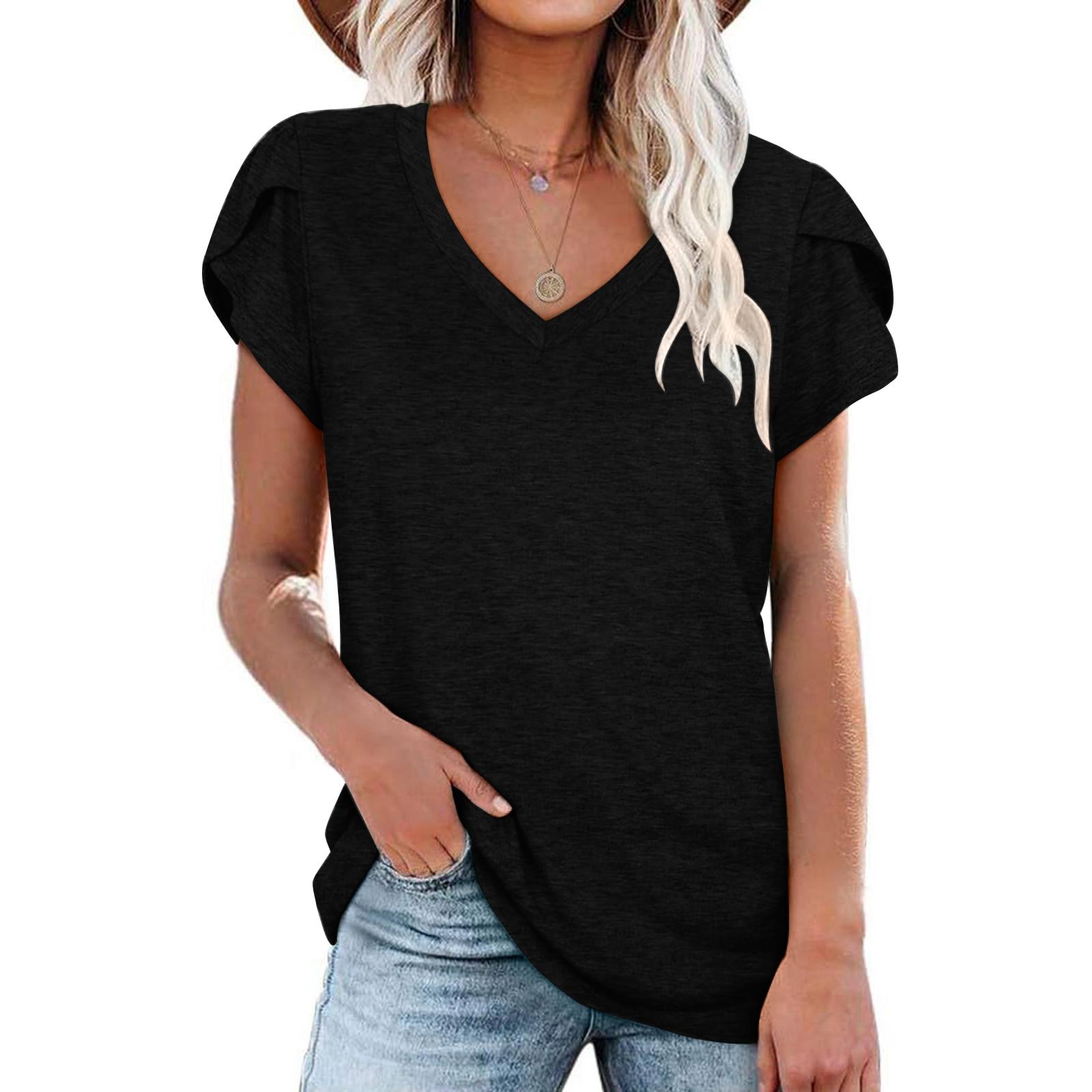 Women s  Color V-Neck Loose Fit Fashion Short Sleeve Top L чёрный