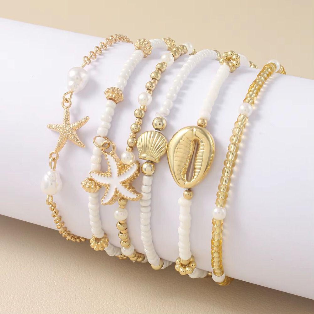 Multilayer Rice Beads Bracelet Set Sea Shell Bohemian Bracelet Starfish Pendant Bracelets  Women