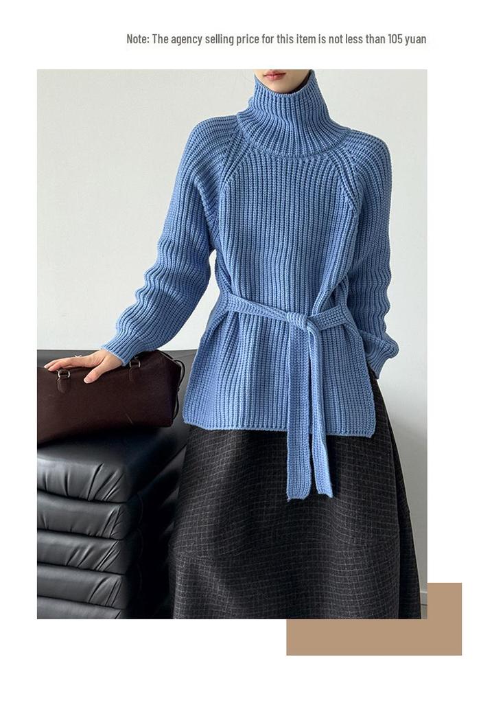 Juzhi Women's Korean High Neck Belted Sweater - Autumn/Winter Fashion 1327