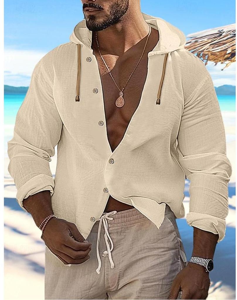Men's Cross-border Button-up Summer Shirt Solid Color Daily Independent Station Long Sleeve Plain Hooded Cardigan Casual Wear