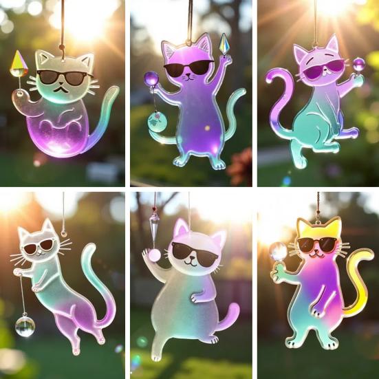 6 Pcs Cat Sun Catcher 2D Flat Acrylic Kitten Pendant Cats Wearing Sunglasses