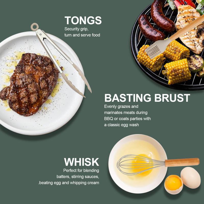 Cooking Utensil Set - 33 Piece Non-Stick Silicone Kitchen Utensil Kit with Wooden Handle, Bating Brush, Egg Beater, Tongs.