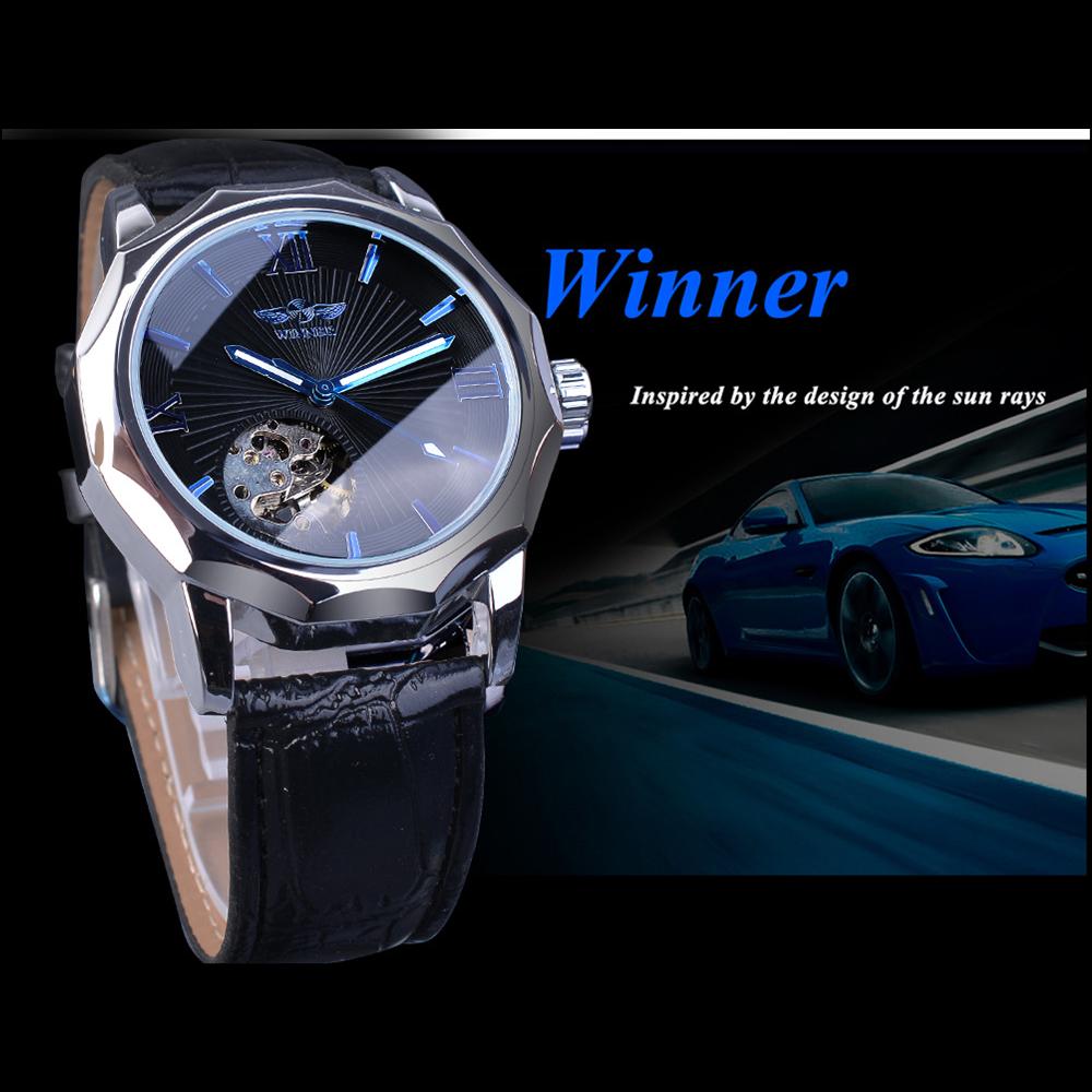 WINNER New Top Men's Watch Men's Skeleton Automatic Mechanical Strap Blue Needle Mechanical Watch Men's Watch