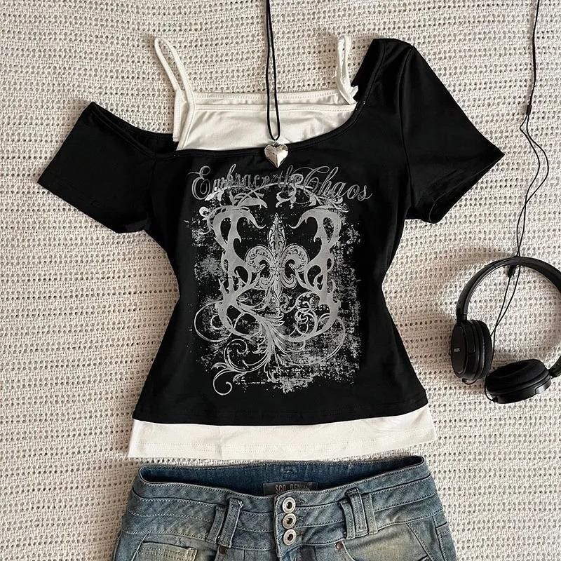 T-shirt Set Estivo Gotico con Fantasia Europea e Americana - Tendenza INS - Manica Corta da Donna