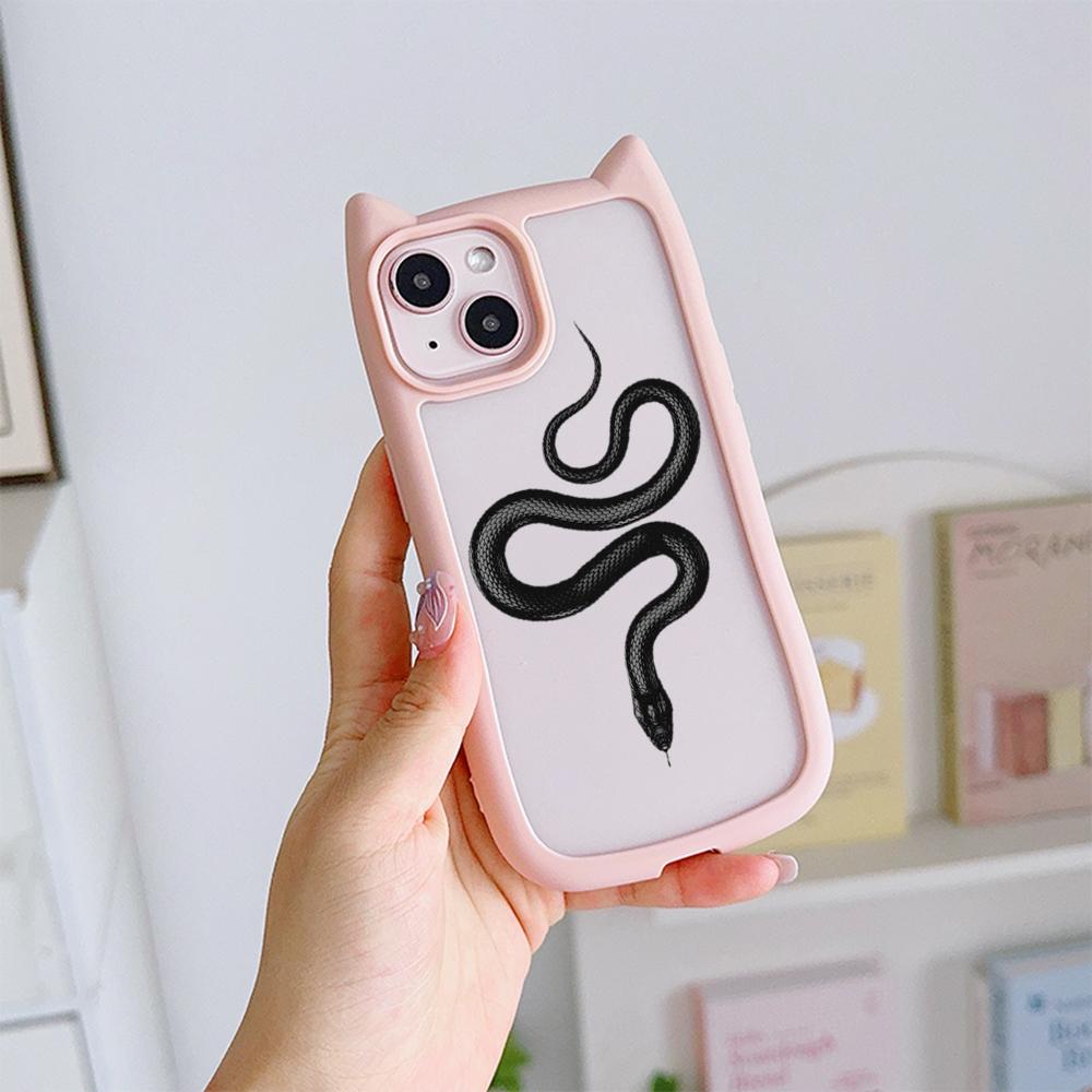 Cat Ear Soft Phone Case for iPhone 16 15 14 13 12 11 Pro Max Plus XR X TPU Anti-Drop Transparent Acrylic Back Cover NY25 Black Gold Snake design