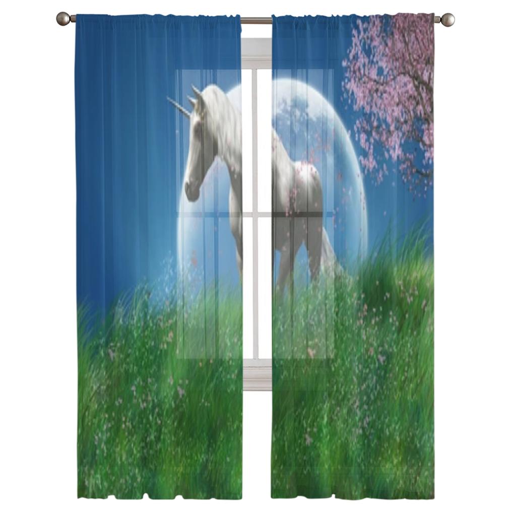 White Unicorn In The Field Sheer Window Curtains For Living Room Bedroom Modern Voile Tulle Curtains Fabric Drapes For Kitchen