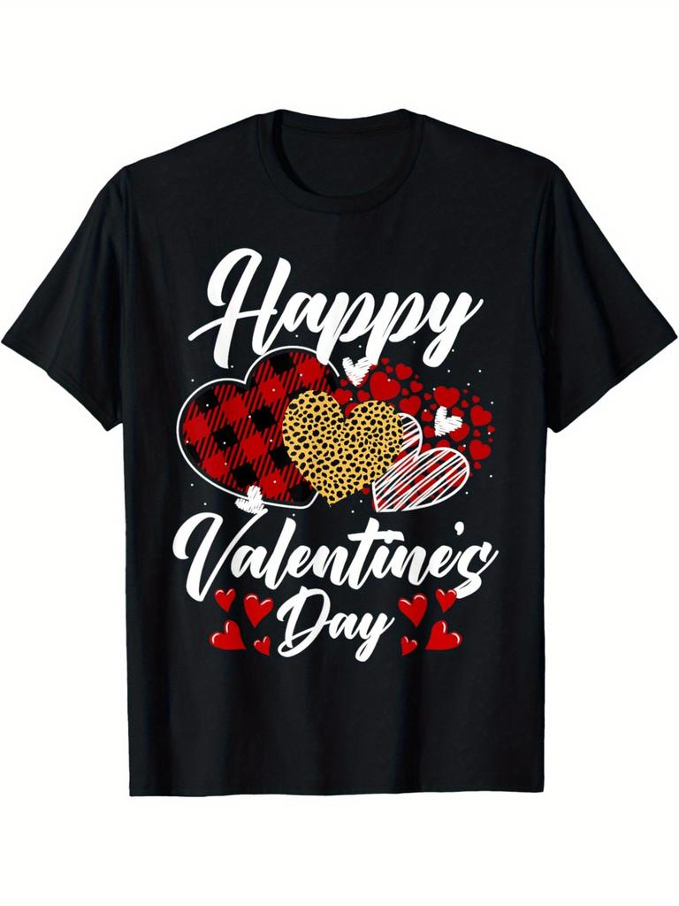 Happy Valentine Day Leopard Plaid Heart Graphic Men's Soft Cotton T-Shirt Casual Short Sleeve Tee