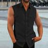 Men Summer Top Sleeveless Solid Color Single-breasted Patch Pockets Mid Length Match Pants Cardigan Lapel Men Summer Vest Men Clothes